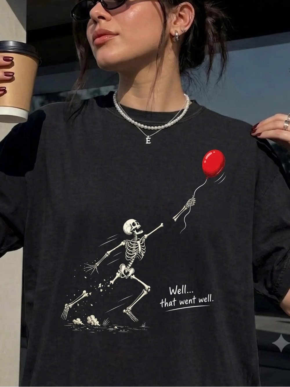 Graphic Skeleton Balloon Tee - Black